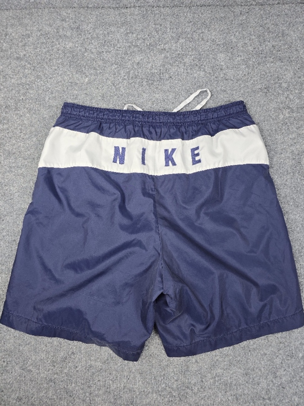 VTG 90s Nike Spellout Nylon Shorts Mens L Navy Blue White Swim Trunks Shorts